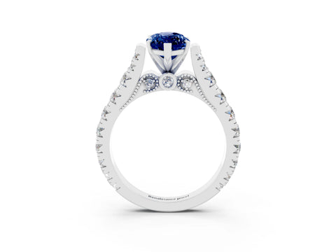 White gold Marquise Cut Blue Sapphire Classic Solitaire Ring with Pavé Band and Four-Prong Setting_3