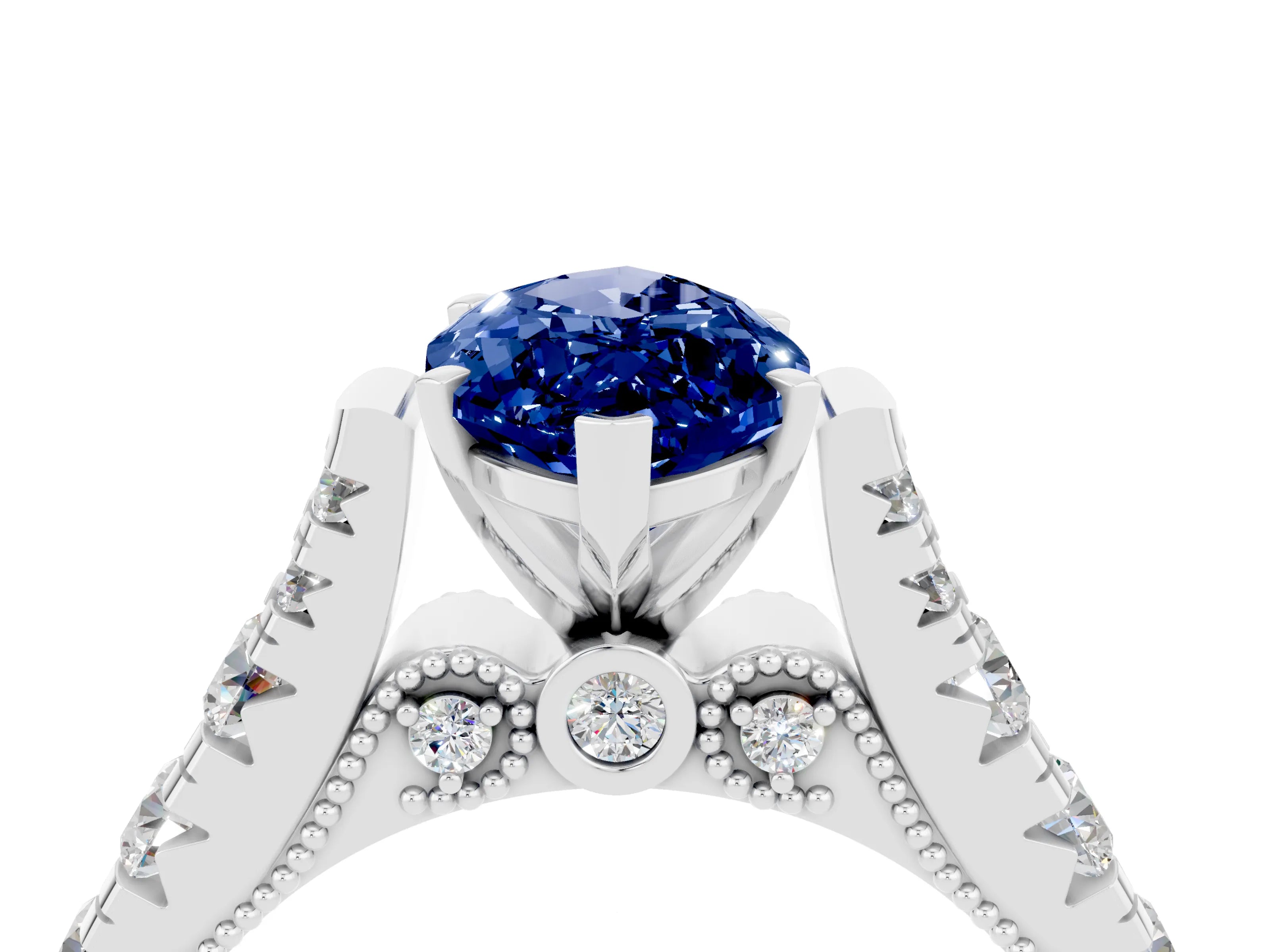 White gold Marquise Cut Blue Sapphire Classic Solitaire Ring with Pavé Band and Four-Prong Setting_4