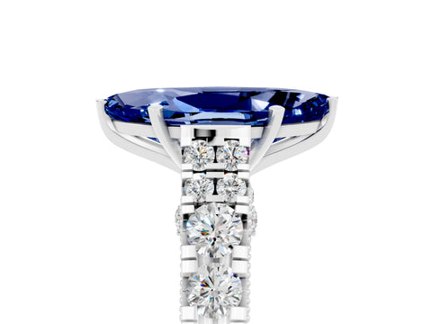 White gold Marquise Cut Blue Sapphire Classic Solitaire Ring with Pavé Band and Four-Prong Setting_5