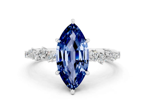 White gold Marquise Cut Blue Sapphire Cluster Side Stone Solitaire Ring with Prong Setting_24