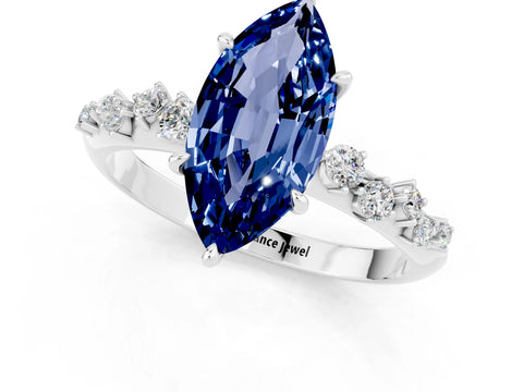 White gold Marquise Cut Blue Sapphire Cluster Side Stone Solitaire Ring with Prong Setting_25