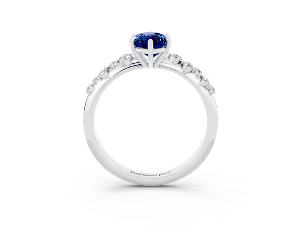 Platinum Marquise Cut Blue Sapphire Cluster Side Stone Solitaire Ring with Prong Setting