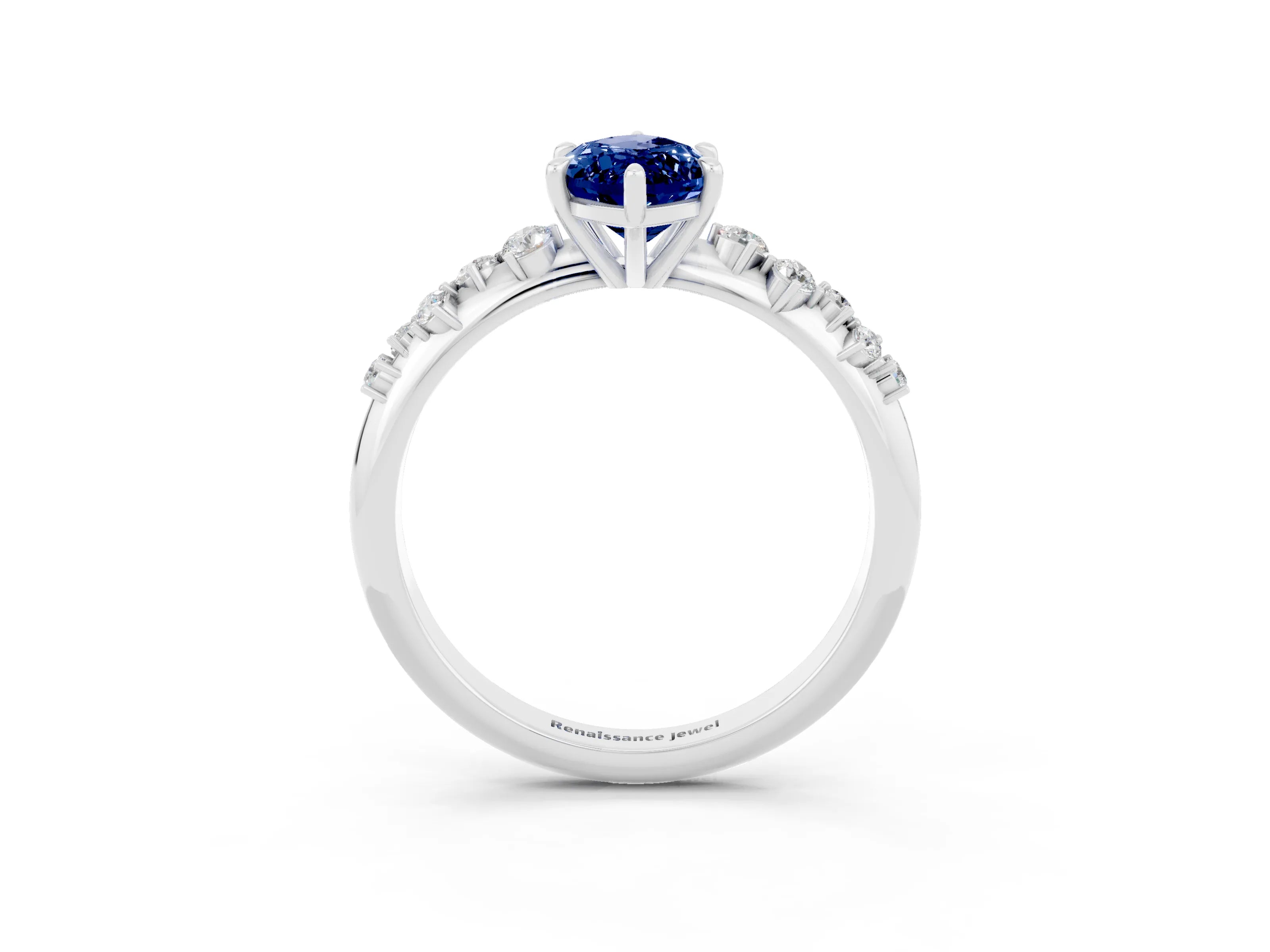 White gold Marquise Cut Blue Sapphire Cluster Side Stone Solitaire Ring with Prong Setting_27