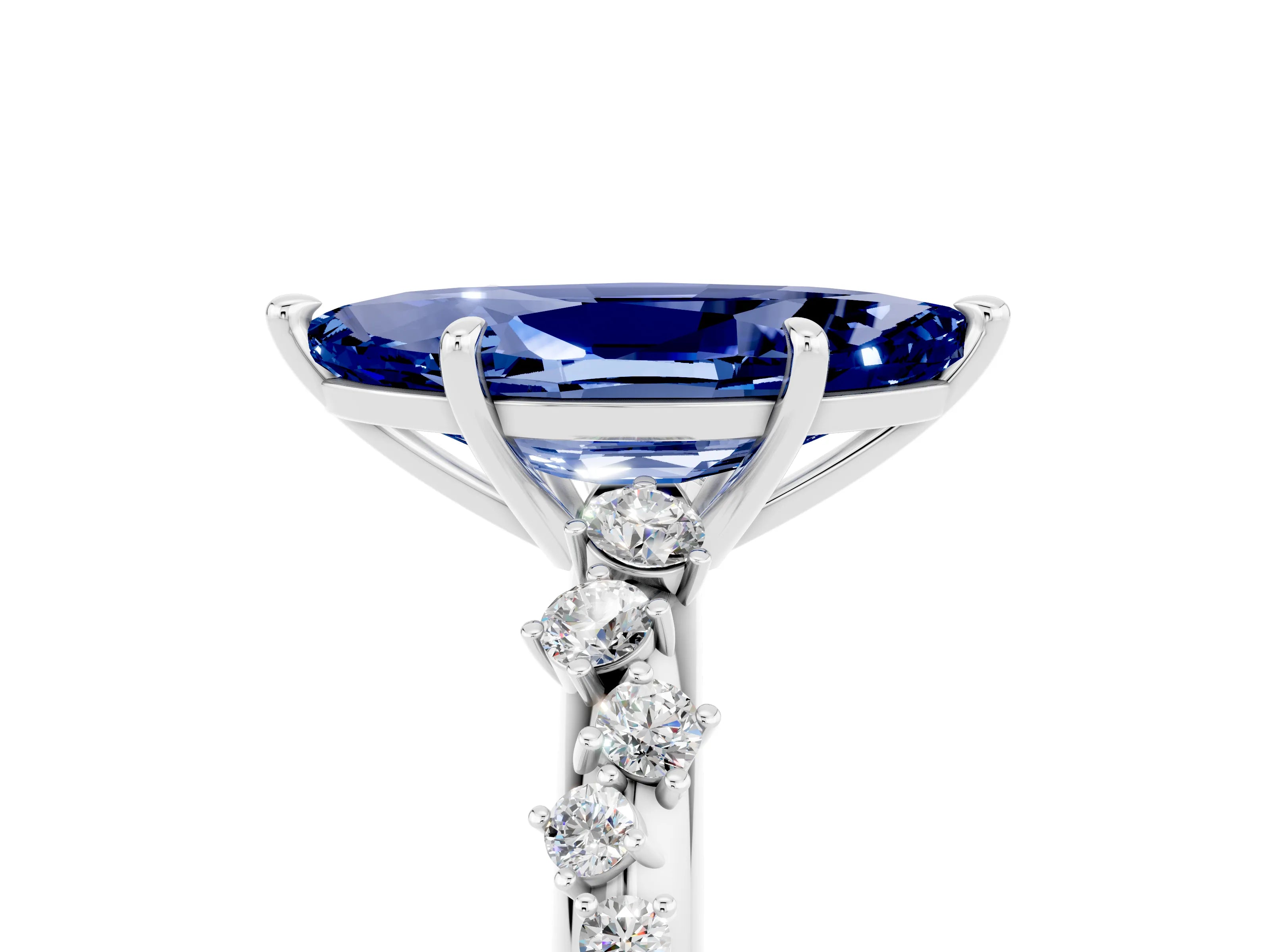 White gold Marquise Cut Blue Sapphire Cluster Side Stone Solitaire Ring with Prong Setting_29