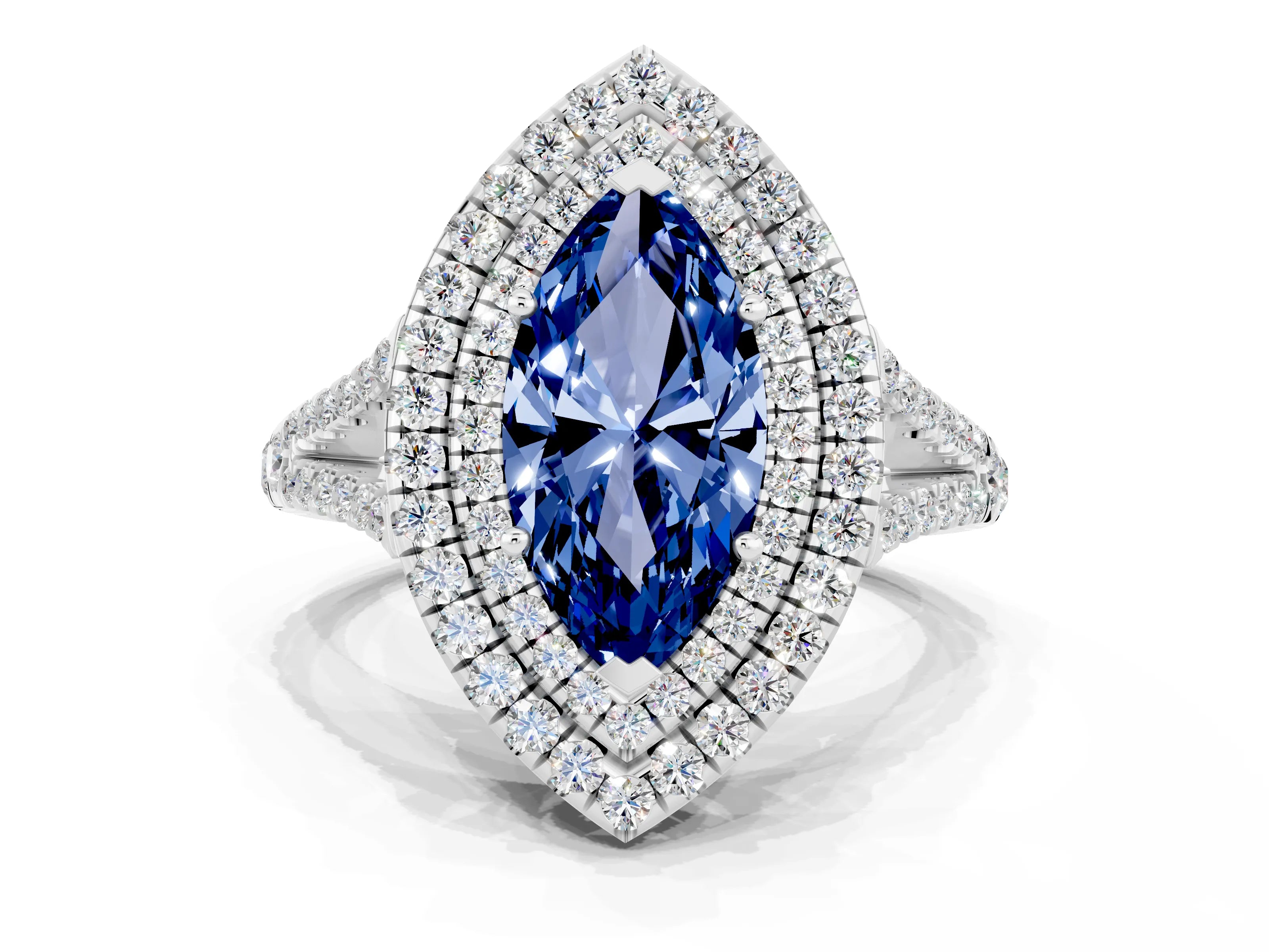 White gold Marquise Cut Blue Sapphire Double Halo Ring with Pavé Band and Prong Setting_12