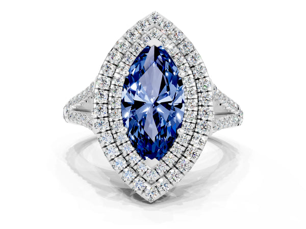 Silver Marquise Cut Blue Sapphire Double Halo Ring with Pavé Band and Prong Setting