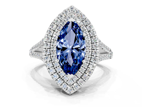White gold Marquise Cut Blue Sapphire Double Halo Ring with Pavé Band and Prong Setting_12