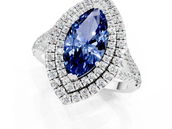 Silver Marquise Cut Blue Sapphire Double Halo Ring with Pavé Band and Prong Setting