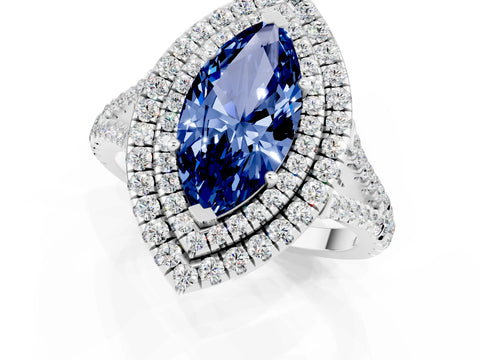 White gold Marquise Cut Blue Sapphire Double Halo Ring with Pavé Band and Prong Setting_13
