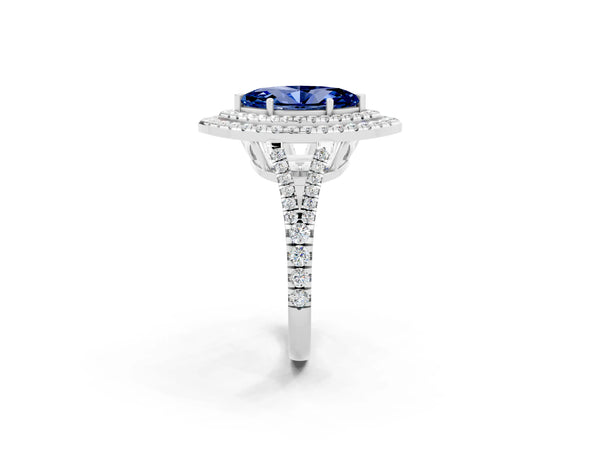 Platinum Marquise Cut Blue Sapphire Double Halo Ring with Pavé Band and Prong Setting