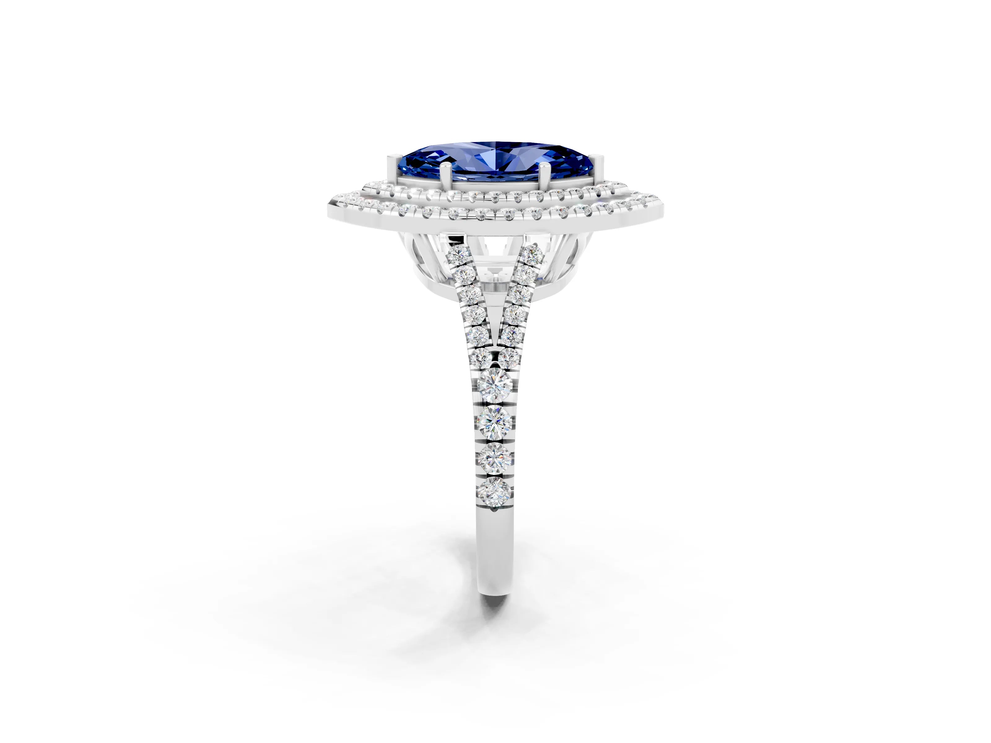 White gold Marquise Cut Blue Sapphire Double Halo Ring with Pavé Band and Prong Setting_14