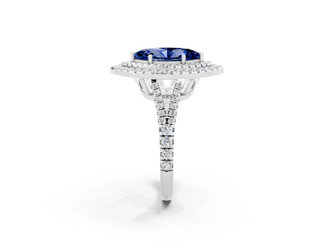 White gold Marquise Cut Blue Sapphire Double Halo Ring with Pavé Band and Prong Setting_14