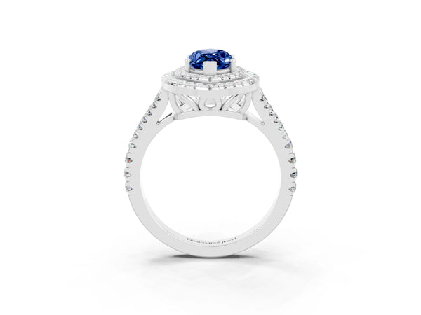 Platinum Marquise Cut Blue Sapphire Double Halo Ring with Pavé Band and Prong Setting