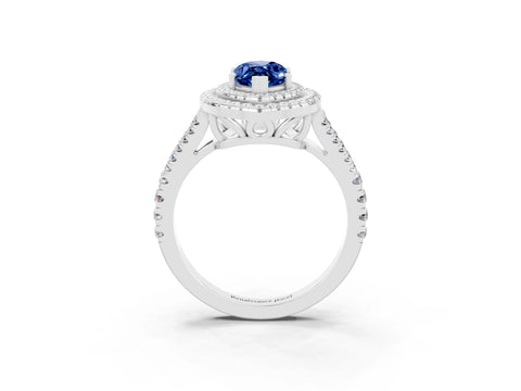 White gold Marquise Cut Blue Sapphire Double Halo Ring with Pavé Band and Prong Setting_15