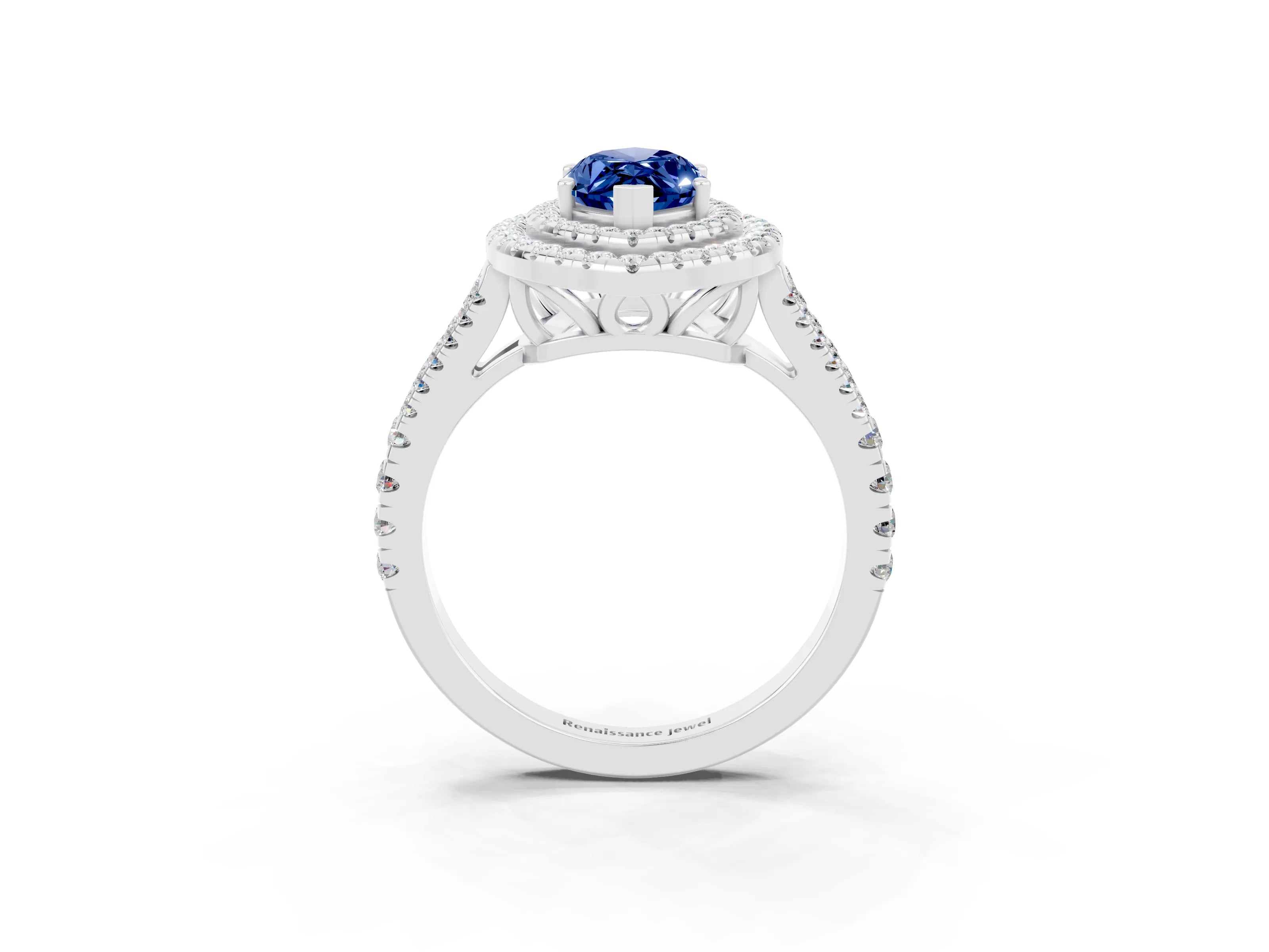 White gold Marquise Cut Blue Sapphire Double Halo Ring with Pavé Band and Prong Setting_15