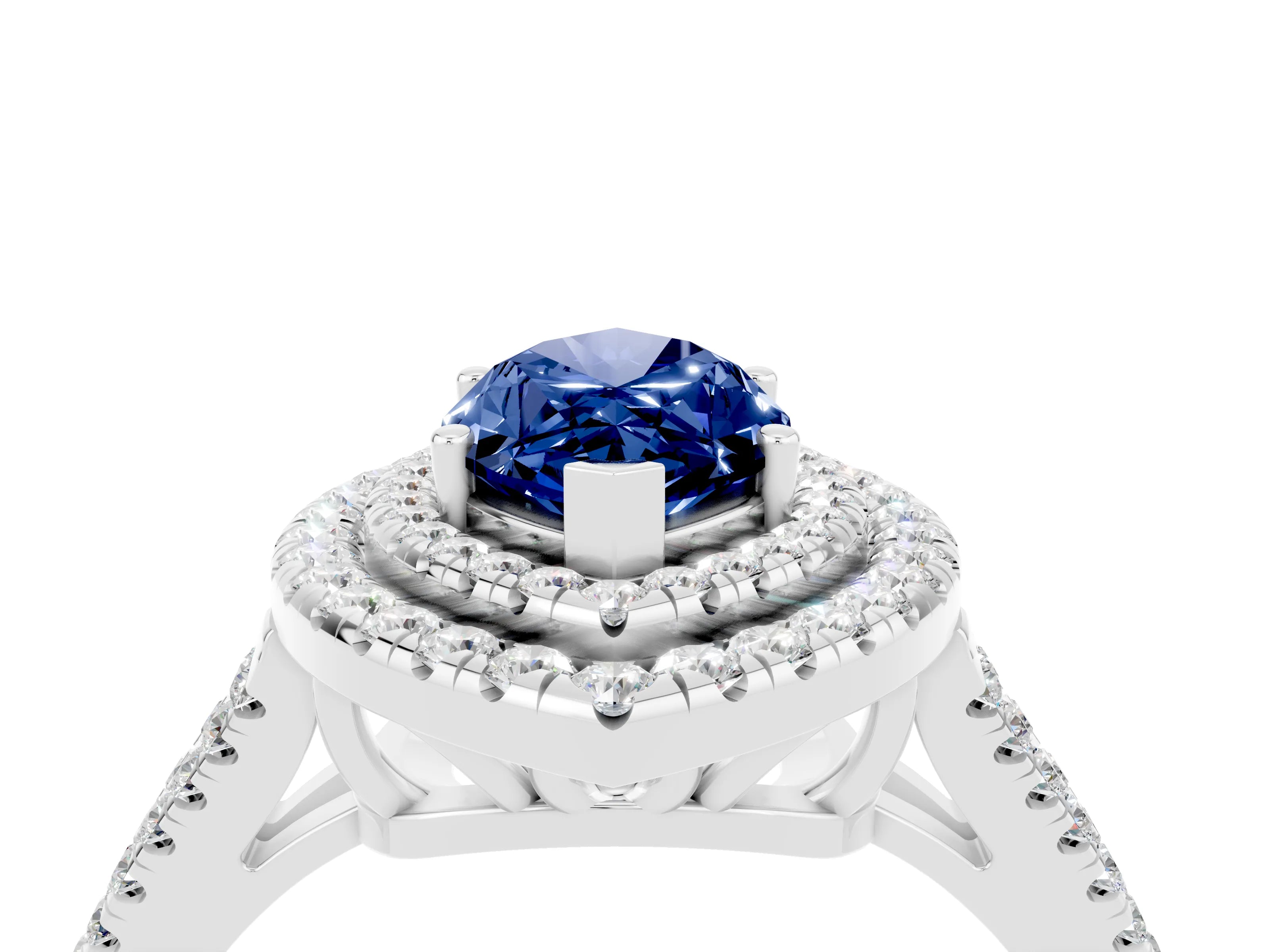 White gold Marquise Cut Blue Sapphire Double Halo Ring with Pavé Band and Prong Setting_16