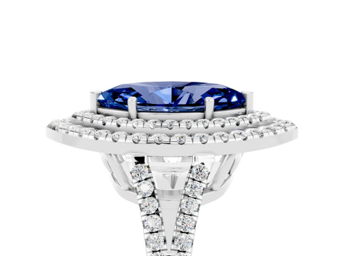 White gold Marquise Cut Blue Sapphire Double Halo Ring with Pavé Band and Prong Setting_17