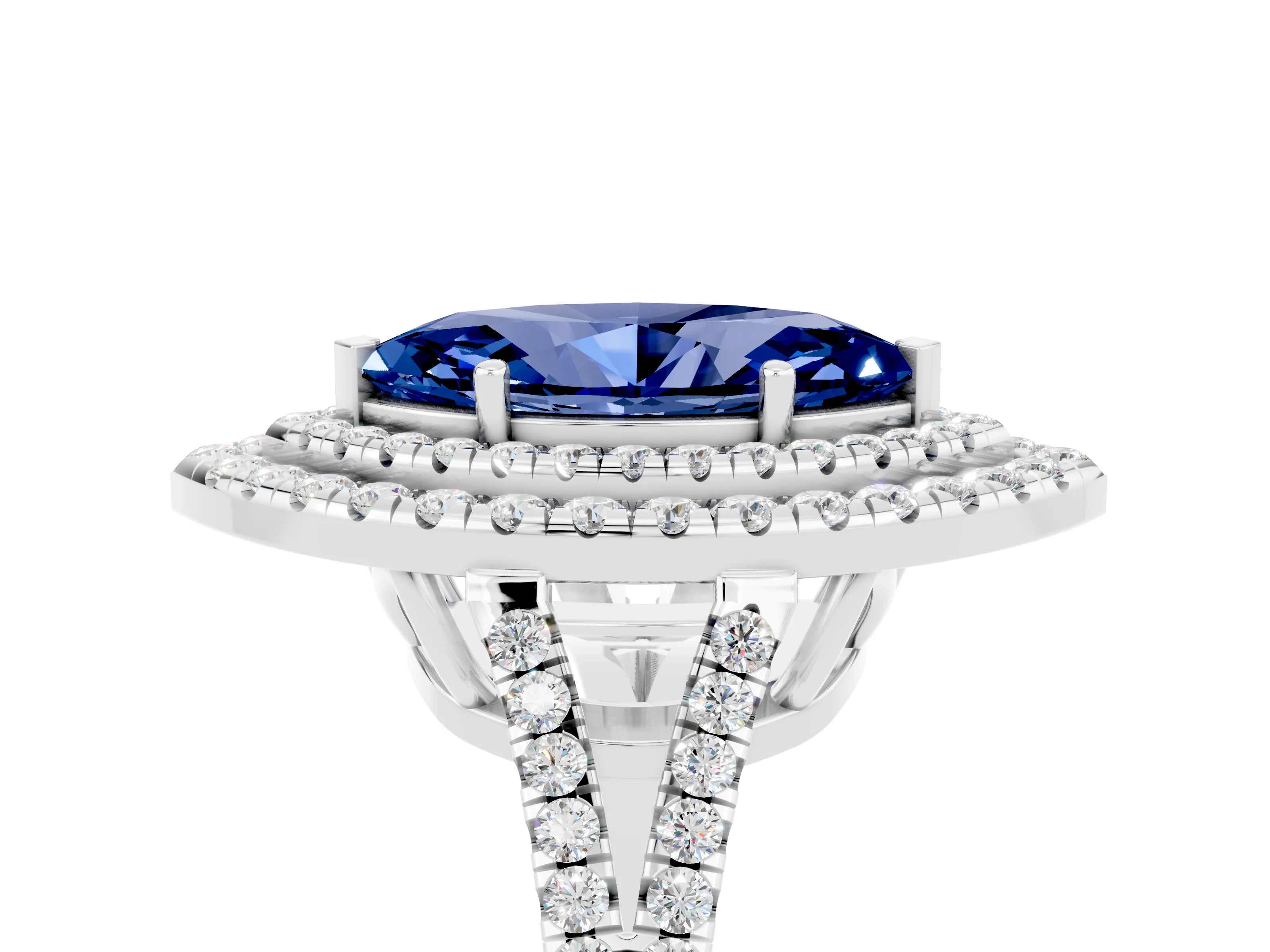 White gold Marquise Cut Blue Sapphire Double Halo Ring with Pavé Band and Prong Setting_17