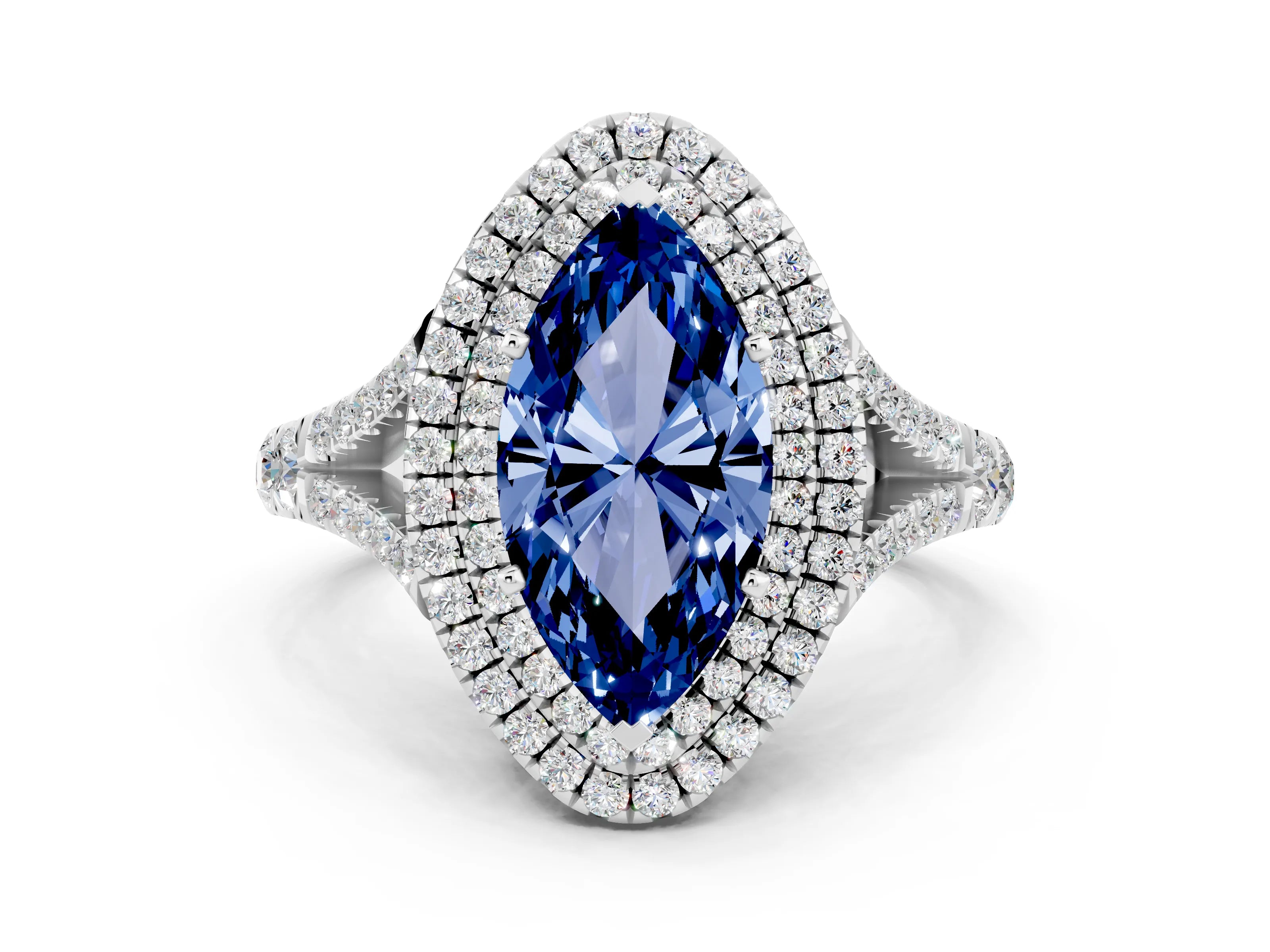 White gold Marquise Cut Blue Sapphire Double Halo Ring with Split Shank and Prong Setting_12