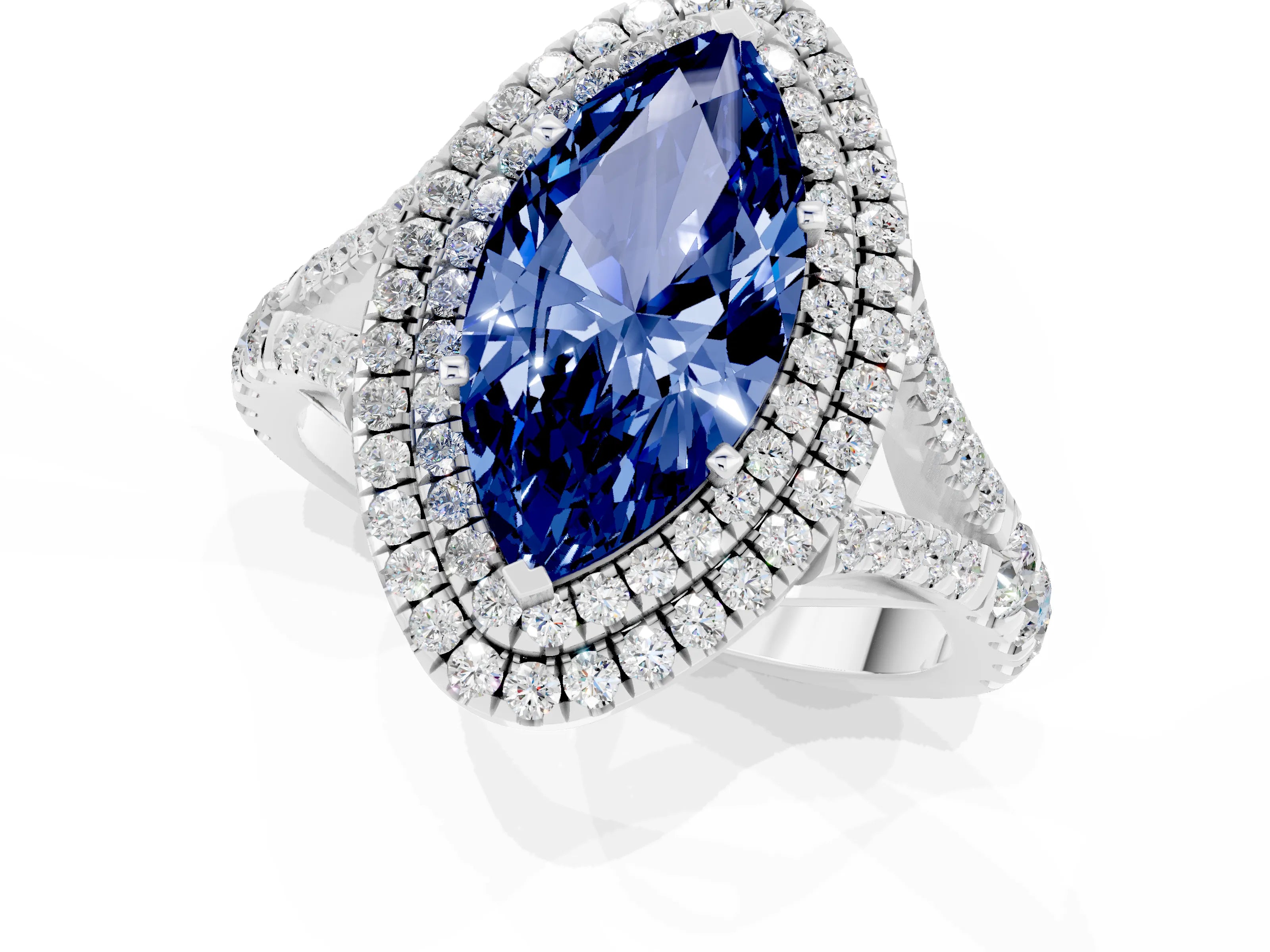 White gold Marquise Cut Blue Sapphire Double Halo Ring with Split Shank and Prong Setting_13