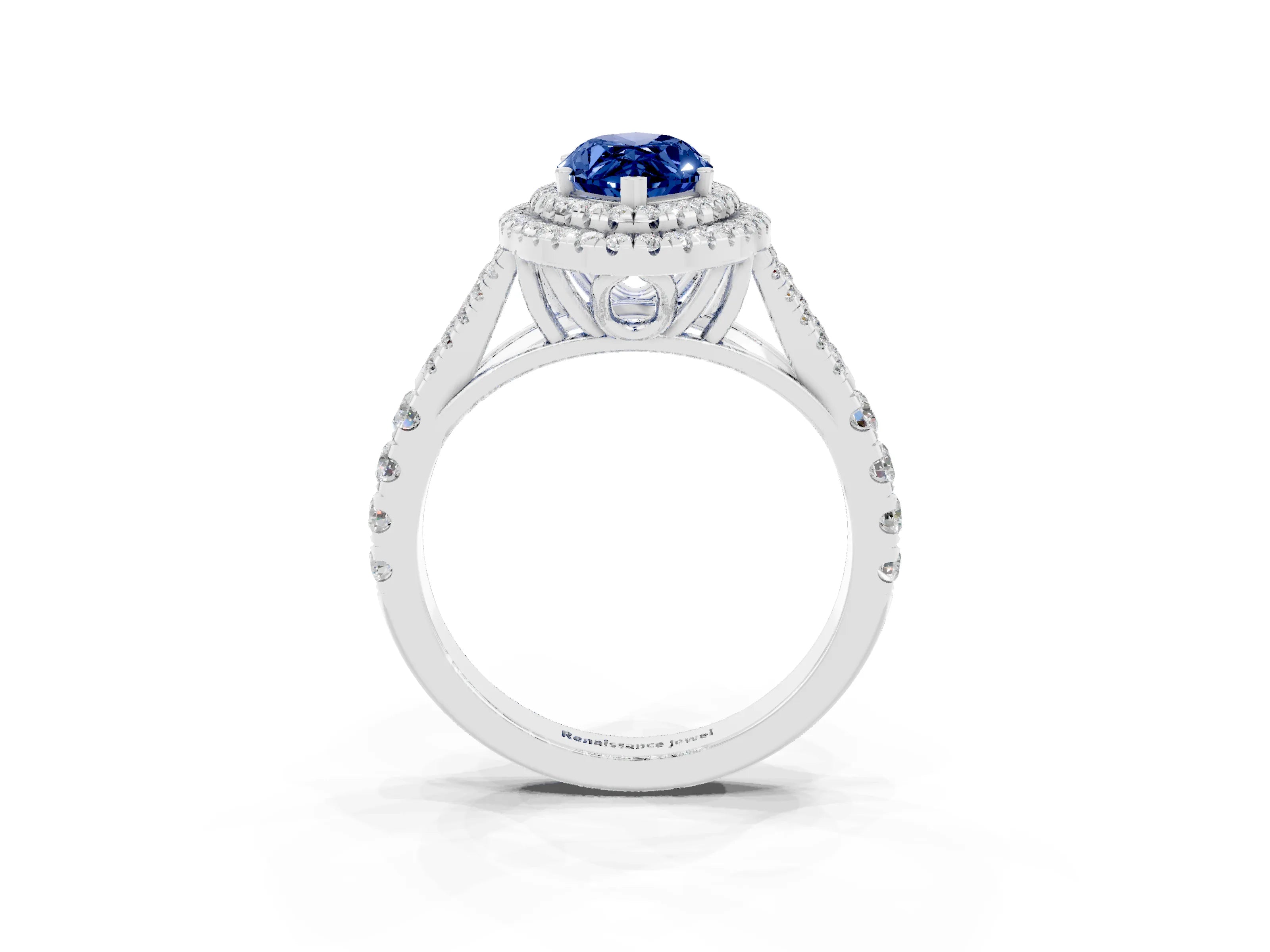 White gold Marquise Cut Blue Sapphire Double Halo Ring with Split Shank and Prong Setting_15