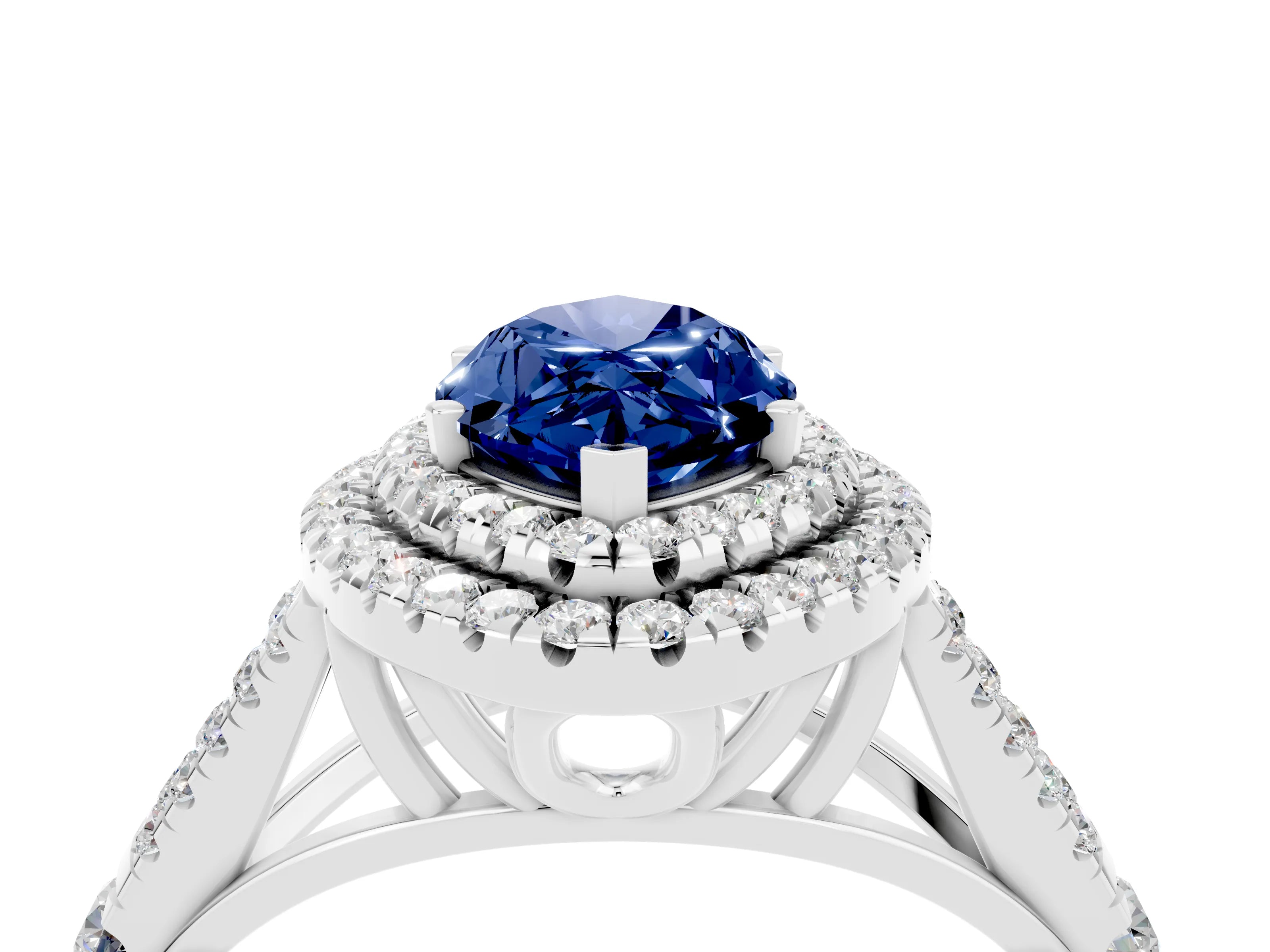 White gold Marquise Cut Blue Sapphire Double Halo Ring with Split Shank and Prong Setting_16