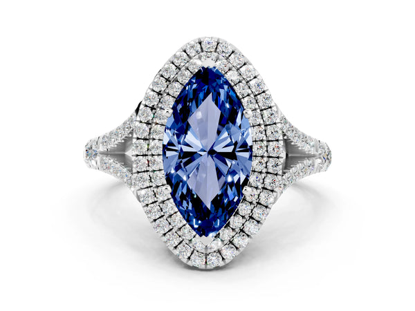 White gold Marquise Cut Blue Sapphire Double Halo Ring with Split Shank and Prong Setting