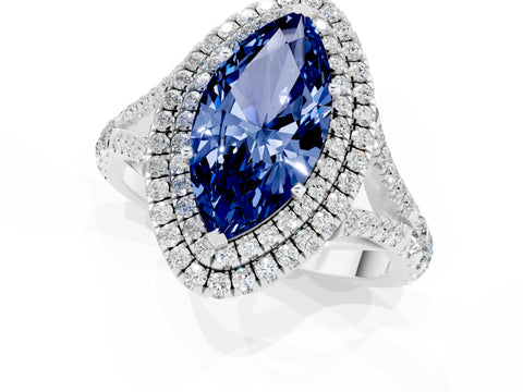 White gold Marquise Cut Blue Sapphire Double Halo Ring with Split Shank and Prong Setting_25