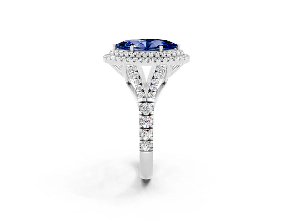 White gold Marquise Cut Blue Sapphire Double Halo Ring with Split Shank and Prong Setting