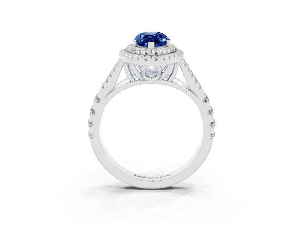 White gold Marquise Cut Blue Sapphire Double Halo Ring with Split Shank and Prong Setting