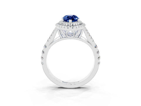 White gold Marquise Cut Blue Sapphire Double Halo Ring with Split Shank and Prong Setting_27