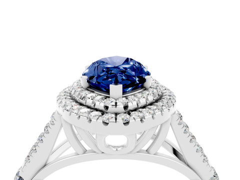 White gold Marquise Cut Blue Sapphire Double Halo Ring with Split Shank and Prong Setting_28