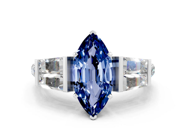Platinum Marquise Cut Blue Sapphire Engagement Ring with Baguette Side Stones and Channel Set Band