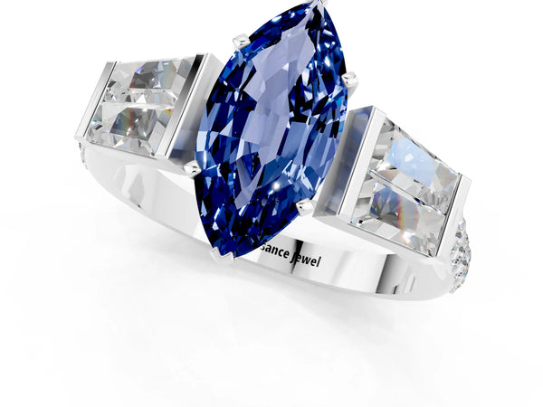 Silver Marquise Cut Blue Sapphire Engagement Ring with Baguette Side Stones and Channel Set Band