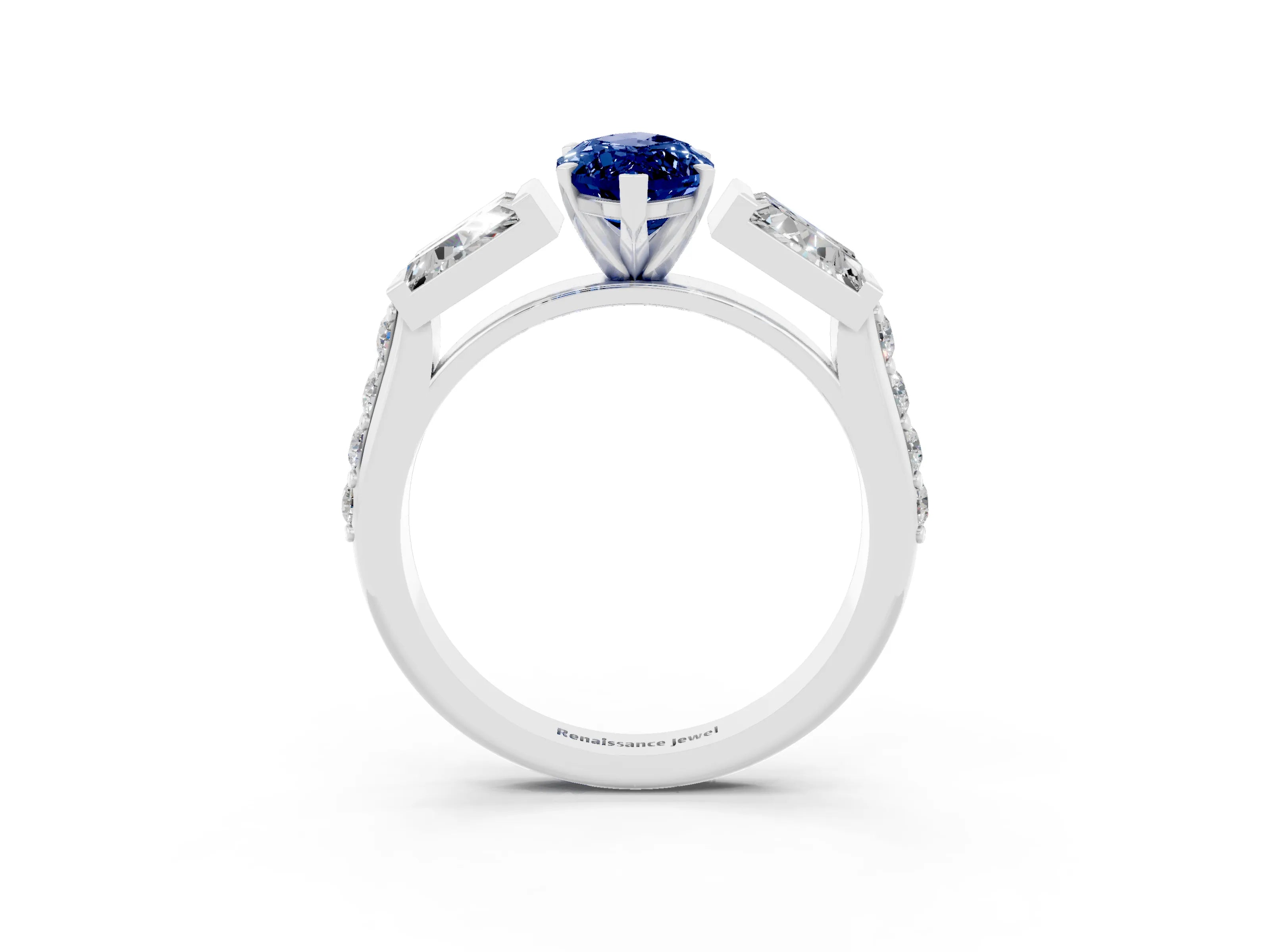White gold Marquise Cut Blue Sapphire Engagement Ring with Baguette Side Stones and Channel Set Band_3