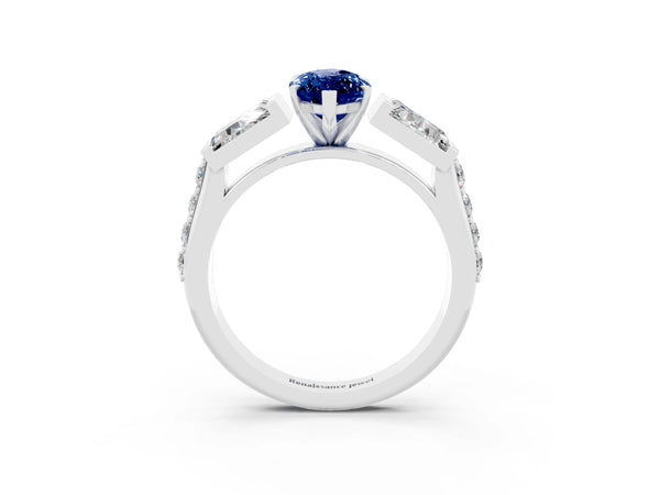 Platinum Marquise Cut Blue Sapphire Engagement Ring with Baguette Side Stones and Channel Set Band