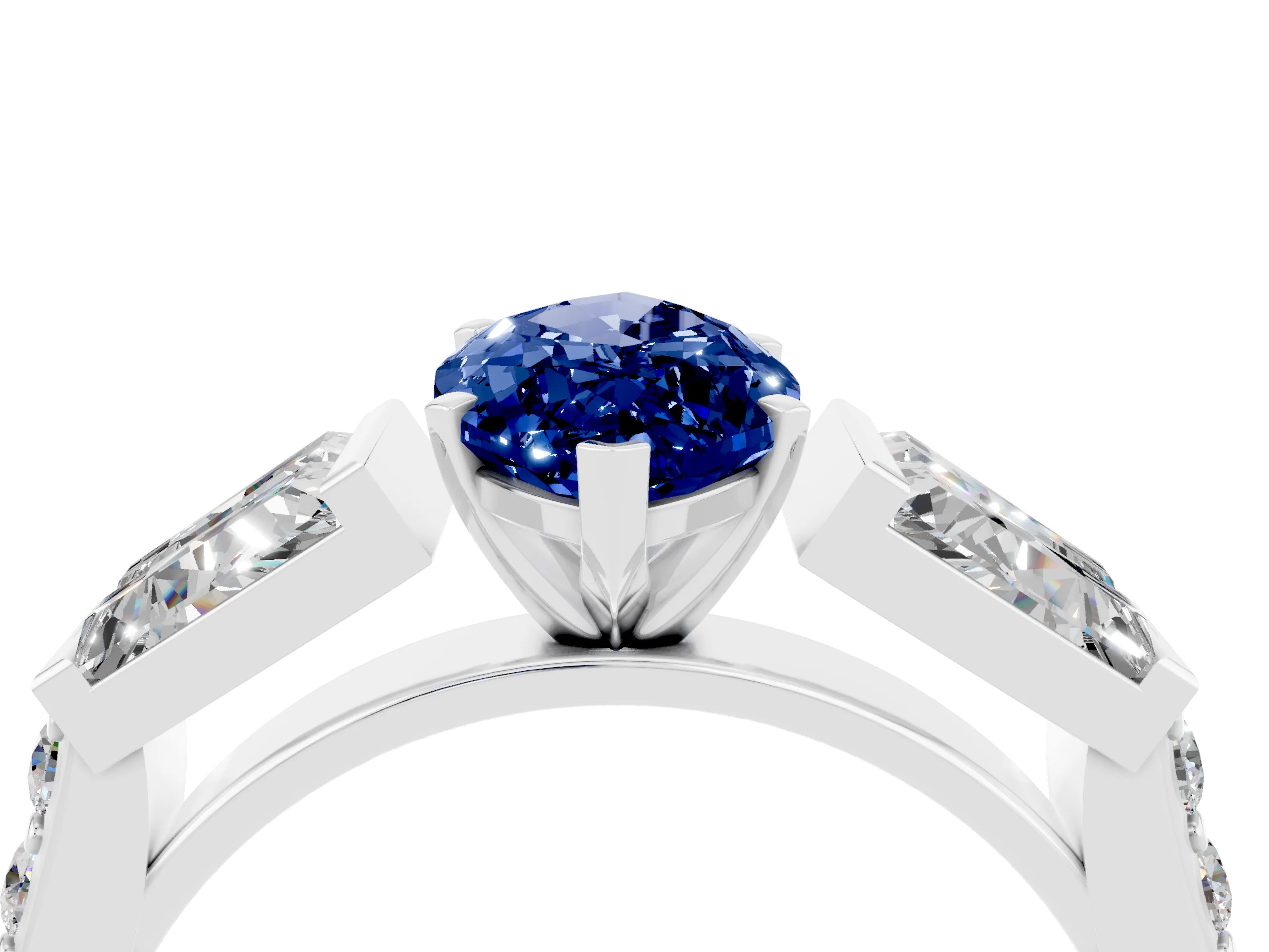 White gold Marquise Cut Blue Sapphire Engagement Ring with Baguette Side Stones and Channel Set Band_4