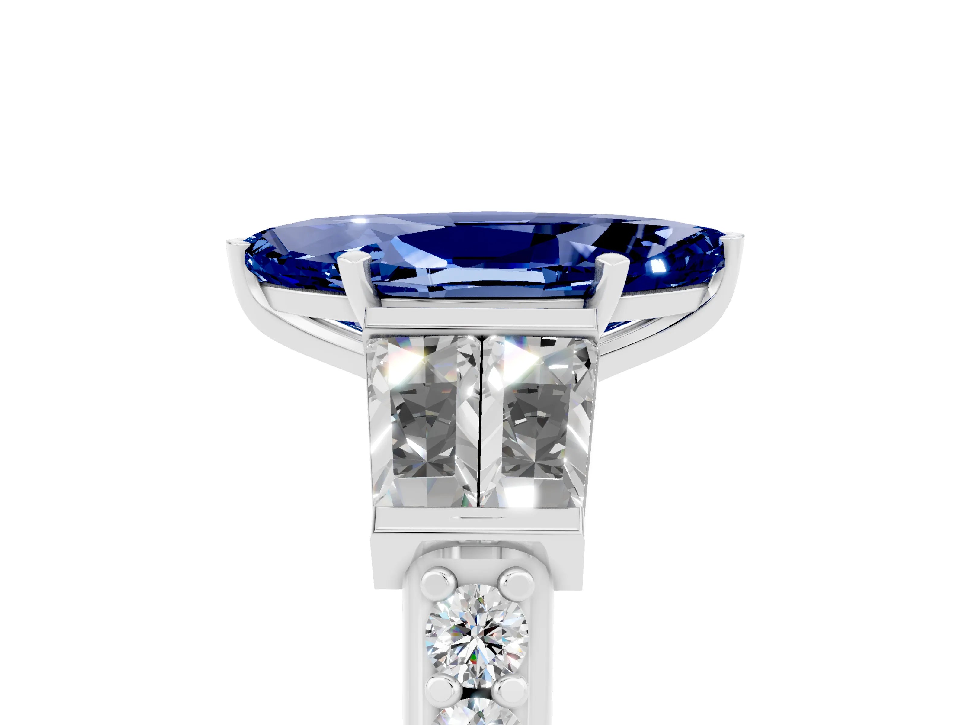 White gold Marquise Cut Blue Sapphire Engagement Ring with Baguette Side Stones and Channel Set Band_5