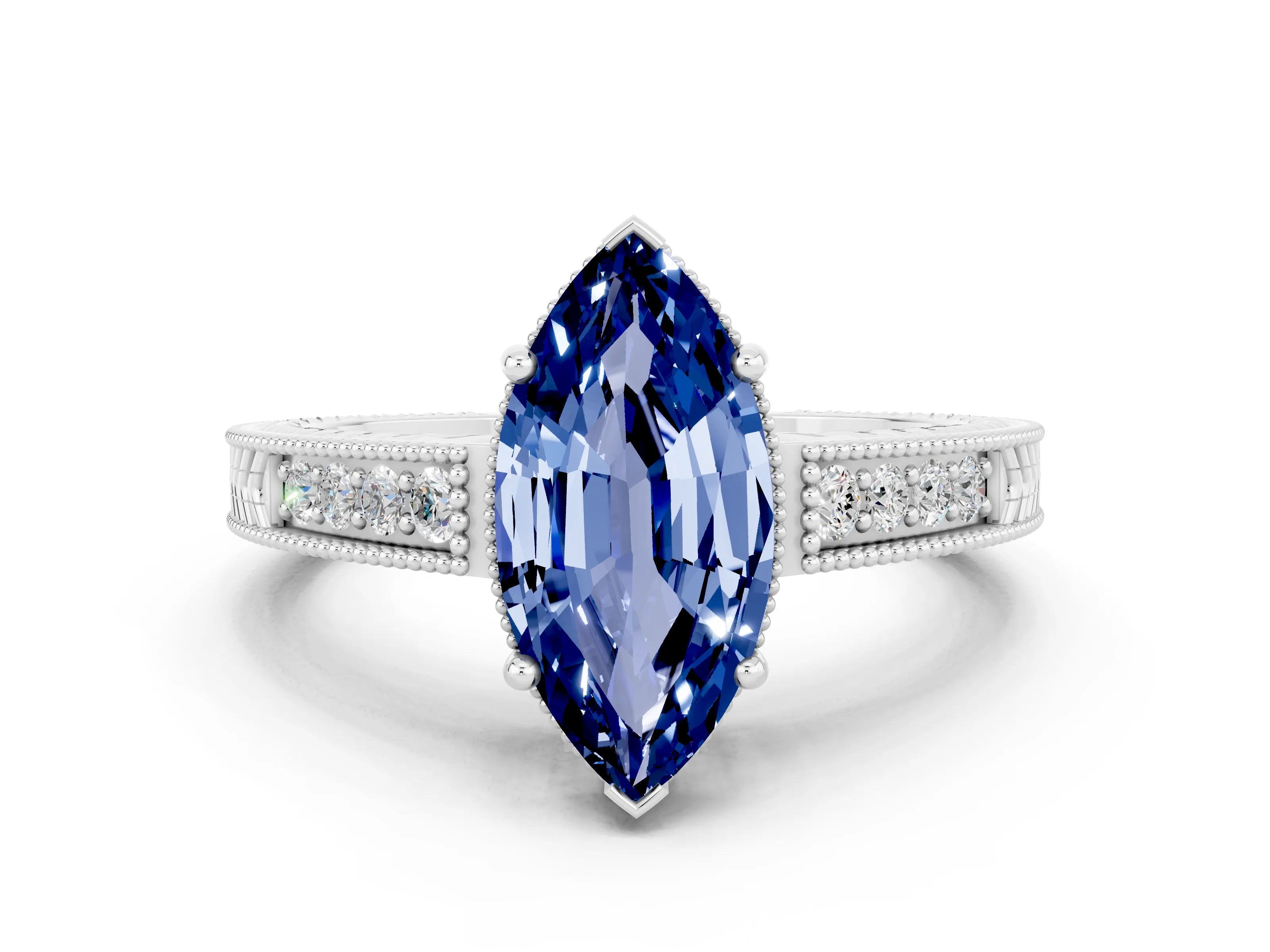 White gold Marquise Cut Blue Sapphire Engagement Ring with Milgrain Channel Set Band and Prong Setting