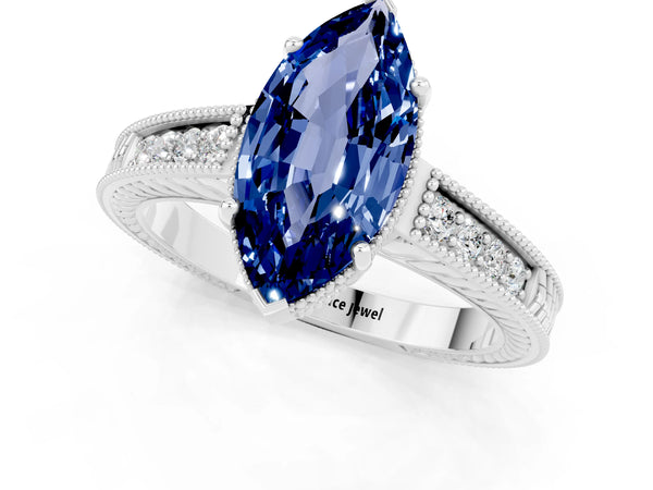 White gold Marquise Cut Blue Sapphire Engagement Ring with Milgrain Channel Set Band and Prong Setting