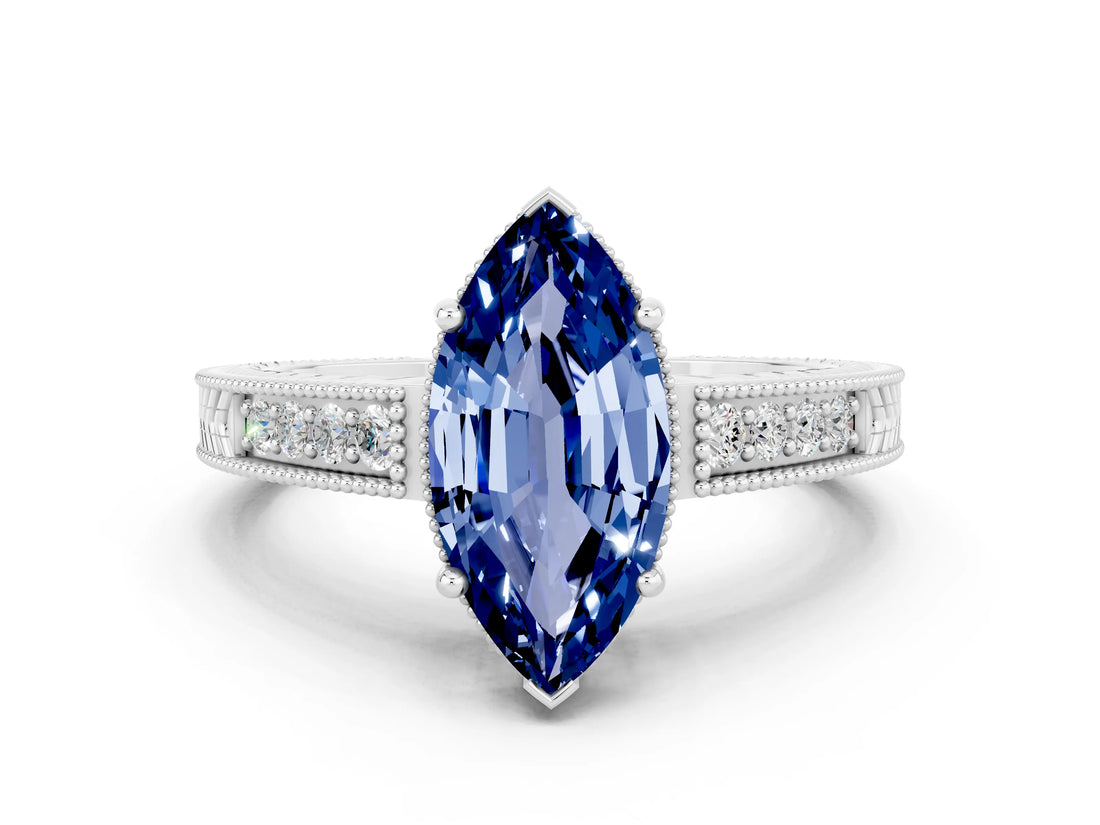 White gold Marquise Cut Blue Sapphire Engagement Ring with Milgrain Channel Set Band and Prong Setting
