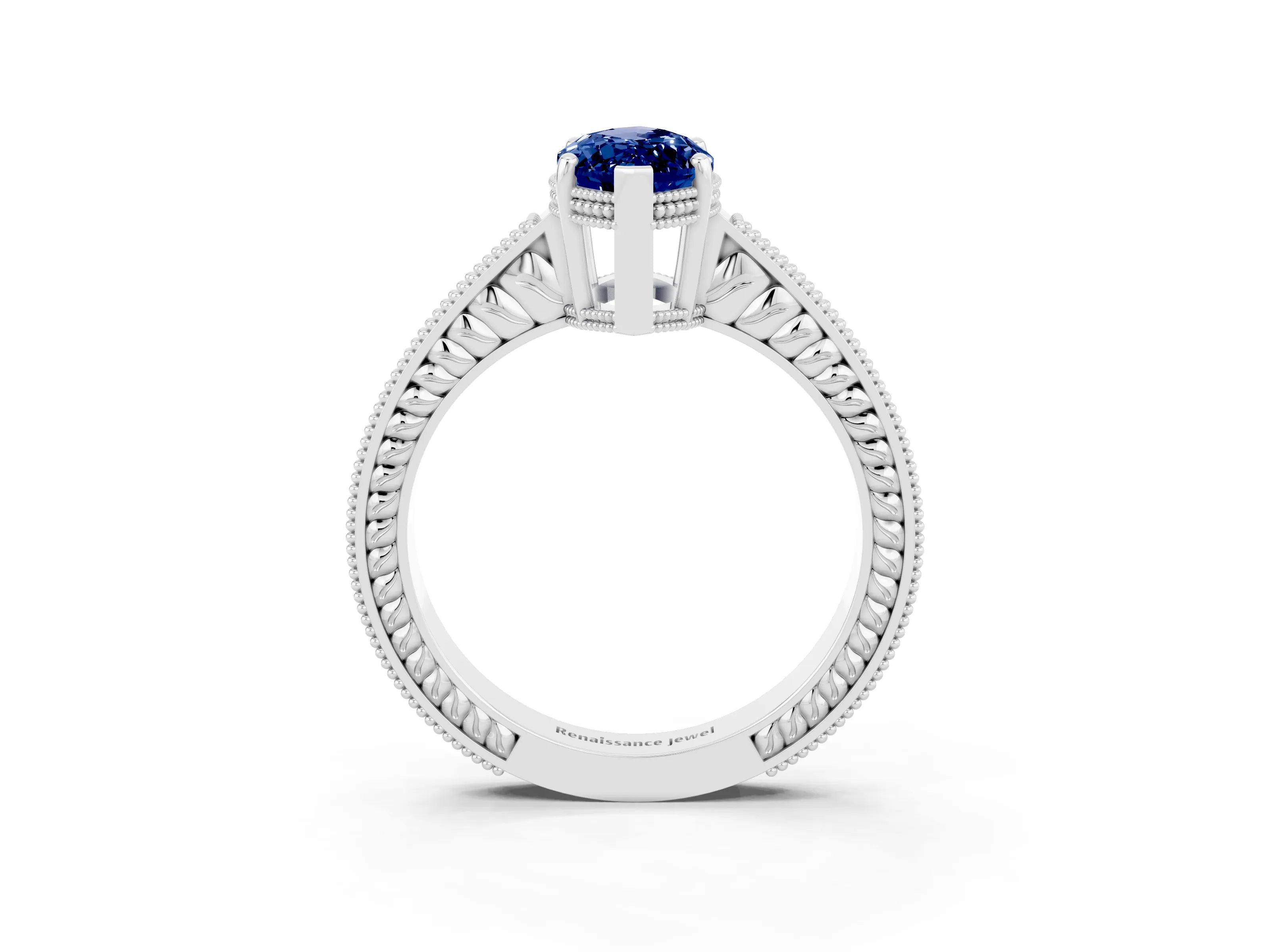 White gold Marquise Cut Blue Sapphire Engagement Ring with Milgrain Channel Set Band and Prong Setting_3