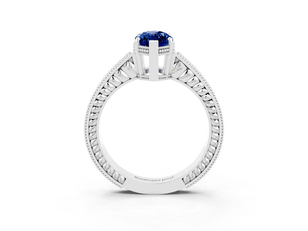 Platinum Marquise Cut Blue Sapphire Engagement Ring with Milgrain Channel Set Band and Prong Setting