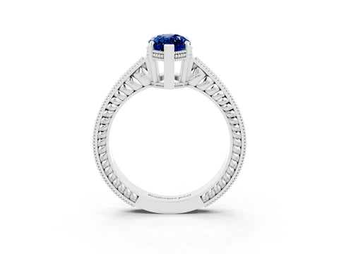White gold Marquise Cut Blue Sapphire Engagement Ring with Milgrain Channel Set Band and Prong Setting_3