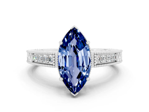 White gold Marquise Cut Blue Sapphire Engagement Ring with Milgrain Channel Set Band and Prong Setting
