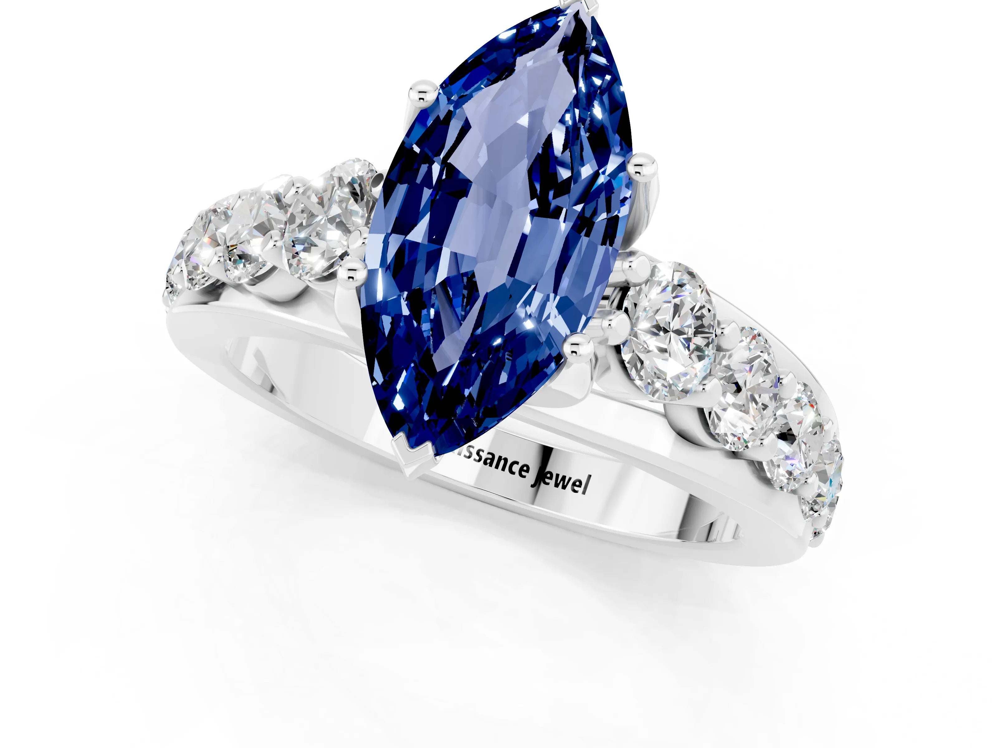 White gold Marquise Cut Blue Sapphire Engagement Ring with Pavé Band and Four-Prong Setting_1