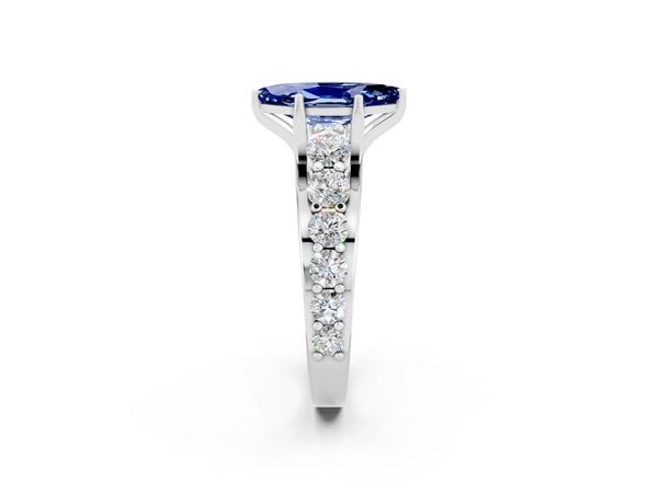 Platinum Marquise Cut Blue Sapphire Engagement Ring with Pavé Band and Four-Prong Setting