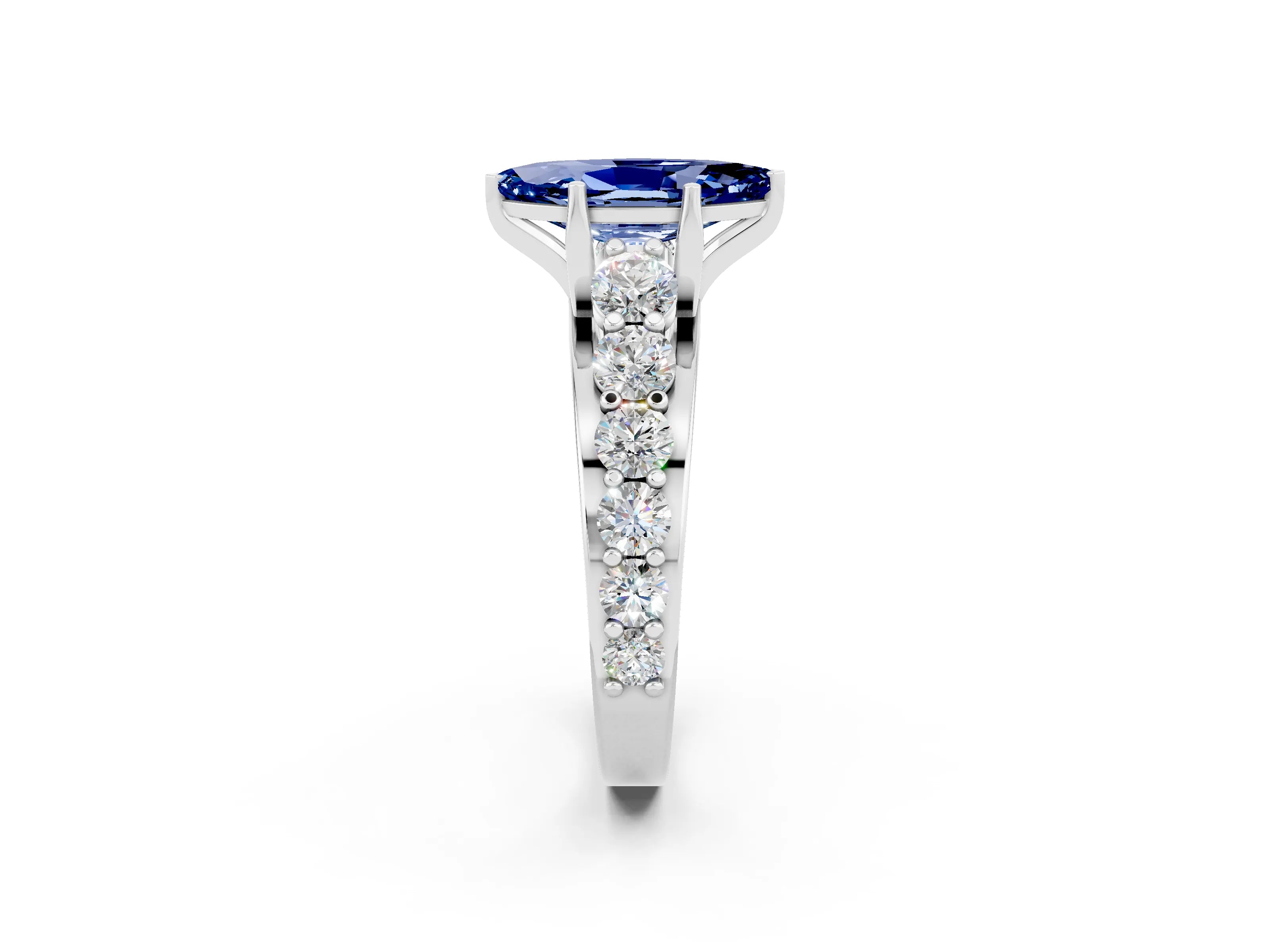 White gold Marquise Cut Blue Sapphire Engagement Ring with Pavé Band and Four-Prong Setting_2