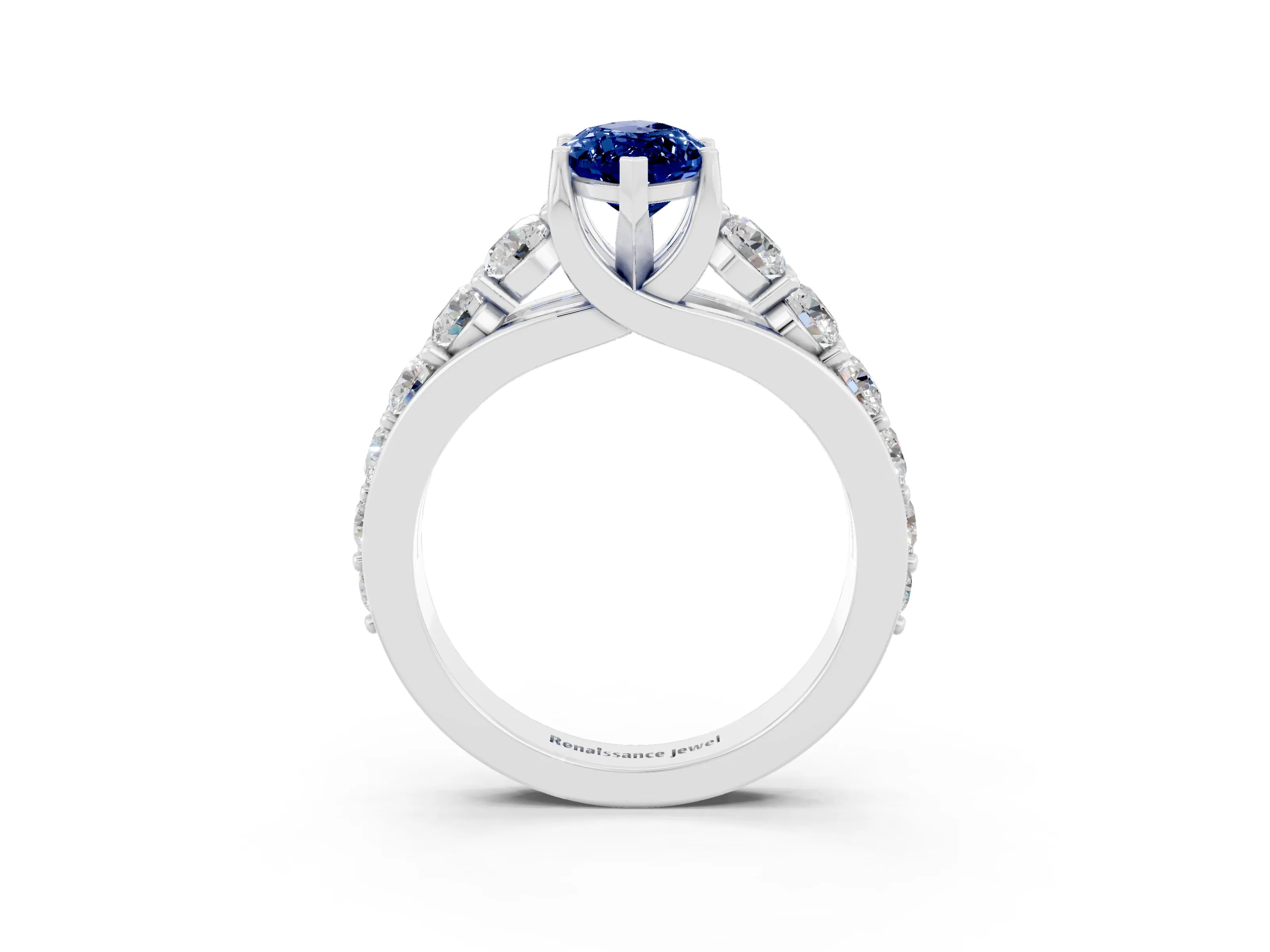 White gold Marquise Cut Blue Sapphire Engagement Ring with Pavé Band and Four-Prong Setting_3