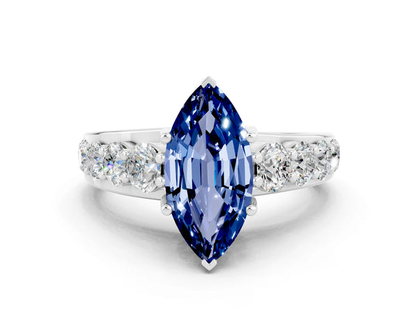 Silver Marquise Cut Blue Sapphire Engagement Ring with Pavé Band and Four-Prong Setting